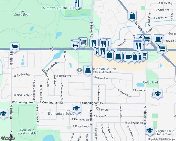 map of restaurants, bars, coffee shops, grocery stores, and more near 1454 North Hicks Road in Palatine
