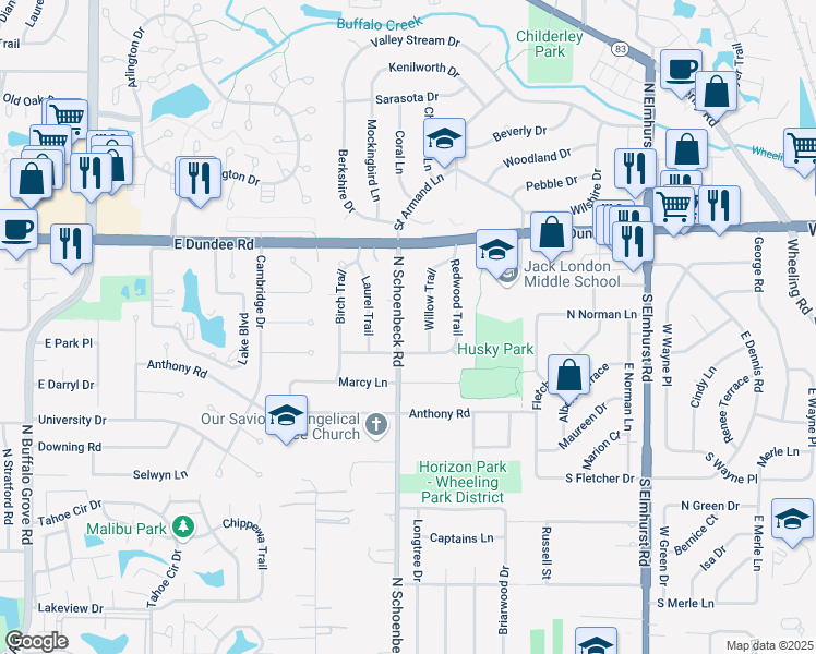 map of restaurants, bars, coffee shops, grocery stores, and more near 52 North Schoenbeck Road in Wheeling
