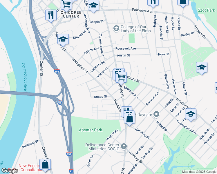 map of restaurants, bars, coffee shops, grocery stores, and more near 40 Asinof Avenue in Chicopee