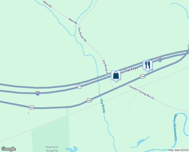 map of restaurants, bars, coffee shops, grocery stores, and more near 3230 Dry Brook Road in Falconer