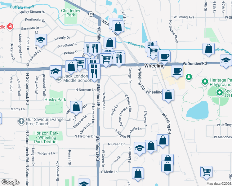 map of restaurants, bars, coffee shops, grocery stores, and more near 151 Laurel Court in Wheeling