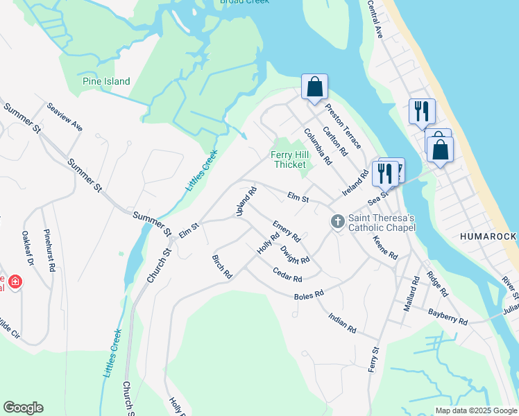 map of restaurants, bars, coffee shops, grocery stores, and more near 150 Emery Rd in Marshfield