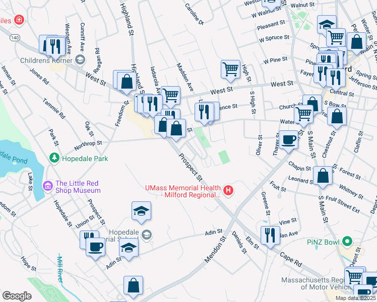 map of restaurants, bars, coffee shops, grocery stores, and more near 72 Prospect Heights in Milford