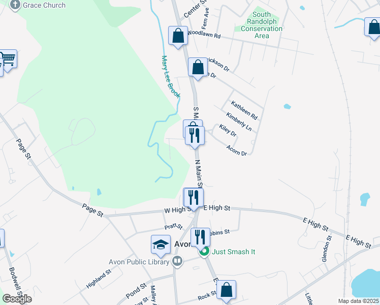 map of restaurants, bars, coffee shops, grocery stores, and more near 19 North Main Street in Avon
