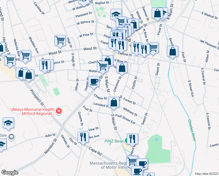 map of restaurants, bars, coffee shops, grocery stores, and more near 24 South Main Street in Milford