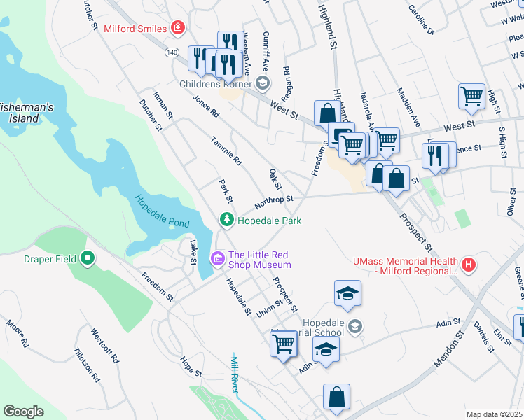 map of restaurants, bars, coffee shops, grocery stores, and more near 29 Northrop Street in Hopedale