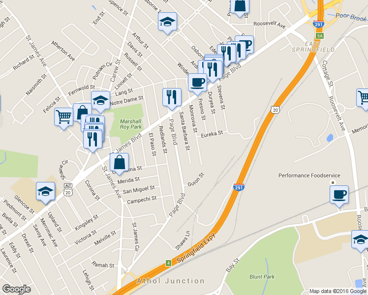 map of restaurants, bars, coffee shops, grocery stores, and more near 158 Santa Barbara Street in Springfield