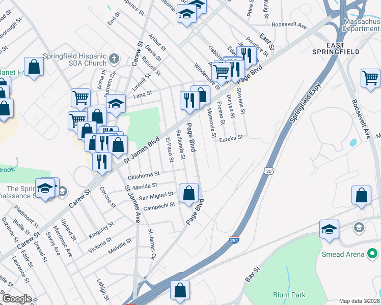 map of restaurants, bars, coffee shops, grocery stores, and more near 406 Page Boulevard in Springfield