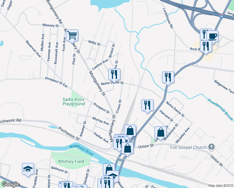 map of restaurants, bars, coffee shops, grocery stores, and more near 28 Crown Street in Westfield