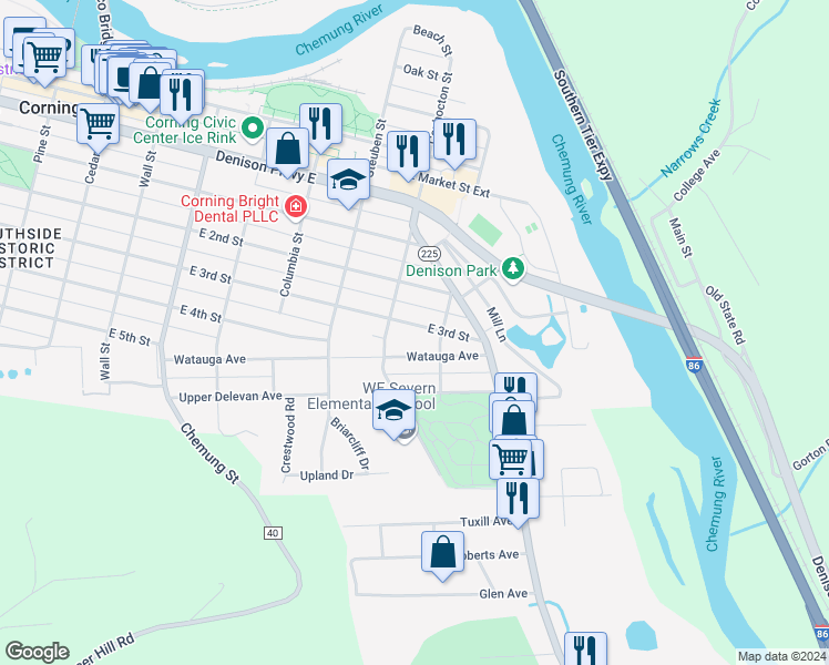 map of restaurants, bars, coffee shops, grocery stores, and more near 390 East 3rd Street in Corning