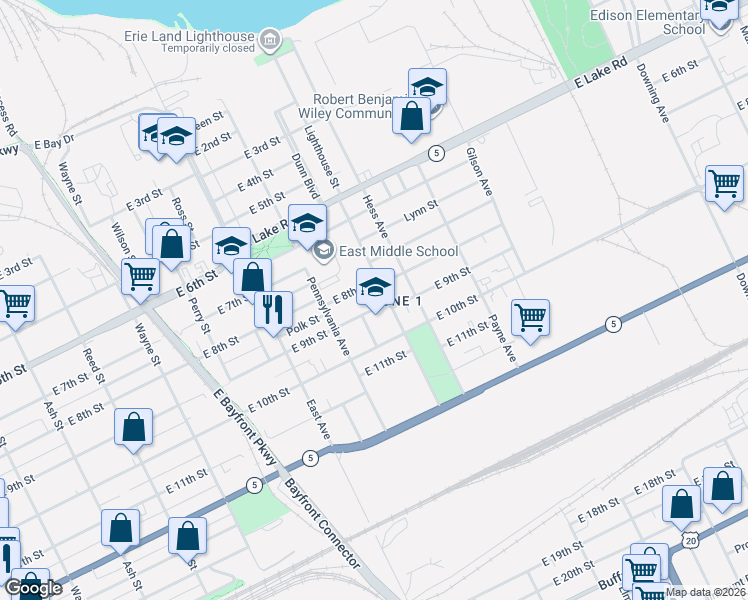 map of restaurants, bars, coffee shops, grocery stores, and more near 1133 East 8th Street in Erie