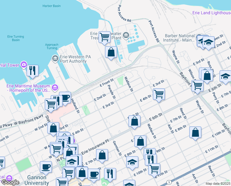 map of restaurants, bars, coffee shops, grocery stores, and more near 201 Parade Street in Erie