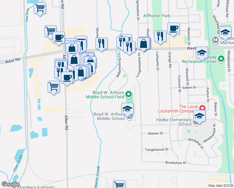 map of restaurants, bars, coffee shops, grocery stores, and more near 23441 Williamsburg Circle in Woodhaven