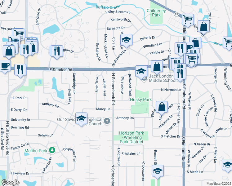 map of restaurants, bars, coffee shops, grocery stores, and more near 52 North Schoenbeck Road in Wheeling