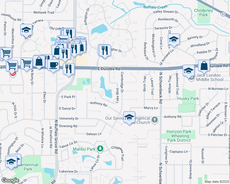 map of restaurants, bars, coffee shops, grocery stores, and more near 986 Cambridge Drive in Buffalo Grove