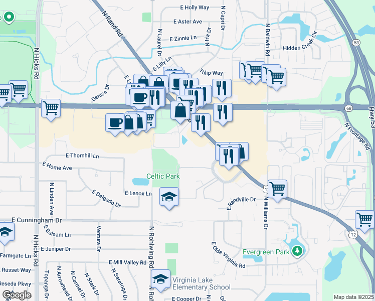map of restaurants, bars, coffee shops, grocery stores, and more near 1561 North Winslowe Drive in Palatine
