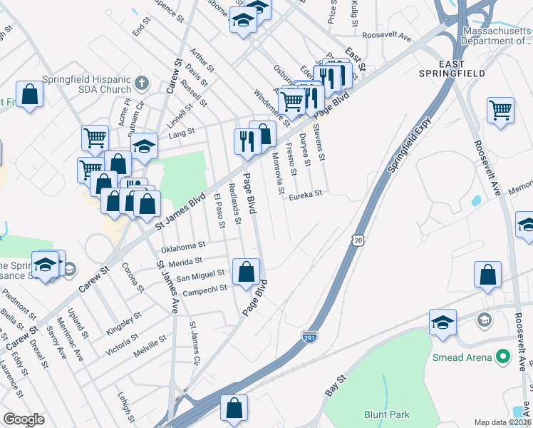 map of restaurants, bars, coffee shops, grocery stores, and more near 158 Santa Barbara Street in Springfield