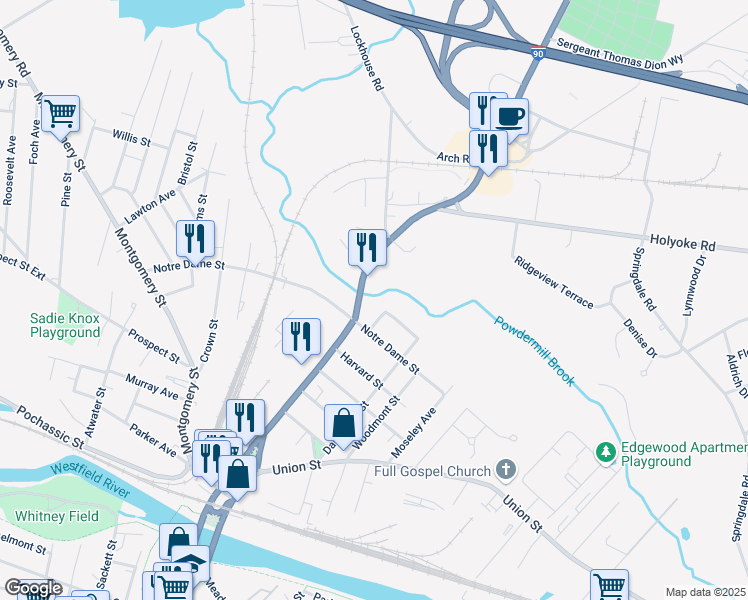 map of restaurants, bars, coffee shops, grocery stores, and more near 265 North Elm Street in Westfield