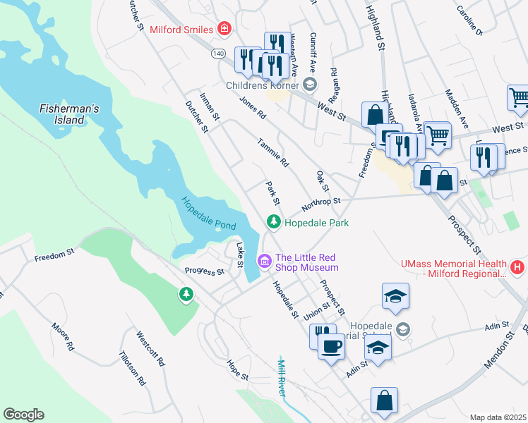 map of restaurants, bars, coffee shops, grocery stores, and more near 87 Dutcher Street in Hopedale