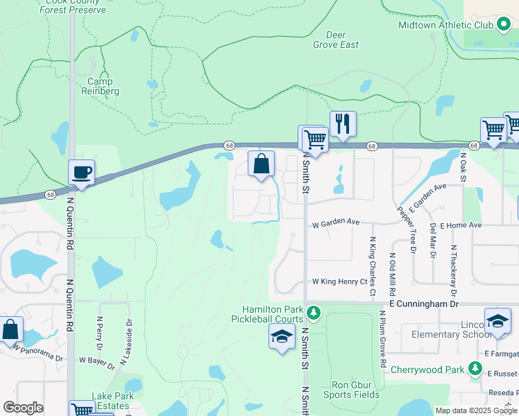 map of restaurants, bars, coffee shops, grocery stores, and more near 1441 Tanglewood Avenue in Palatine