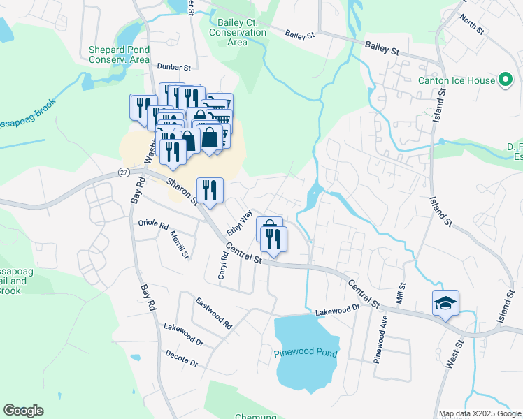 map of restaurants, bars, coffee shops, grocery stores, and more near 99 Ethyl Way in Stoughton