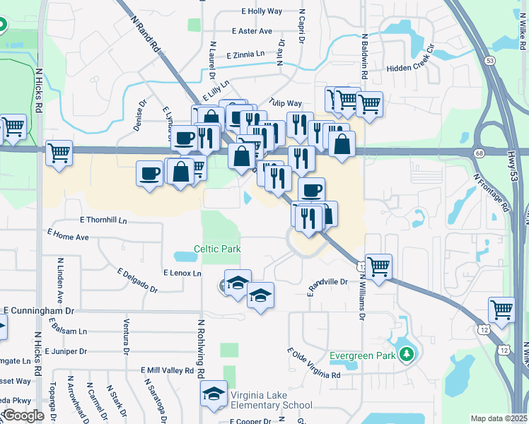 map of restaurants, bars, coffee shops, grocery stores, and more near 1523 North Winslowe Drive in Palatine