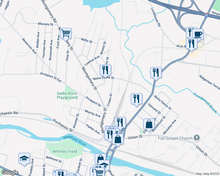 map of restaurants, bars, coffee shops, grocery stores, and more near 28 Crown Street in Westfield