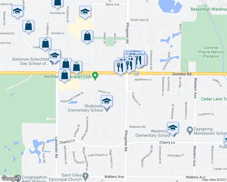 map of restaurants, bars, coffee shops, grocery stores, and more near 2848 Crabtree Lane in Northbrook