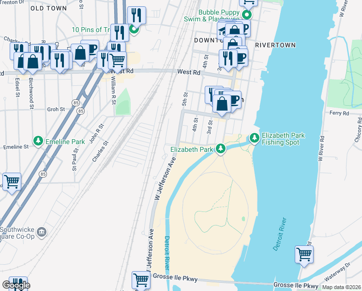 map of restaurants, bars, coffee shops, grocery stores, and more near 3501 West Jefferson Avenue in Trenton