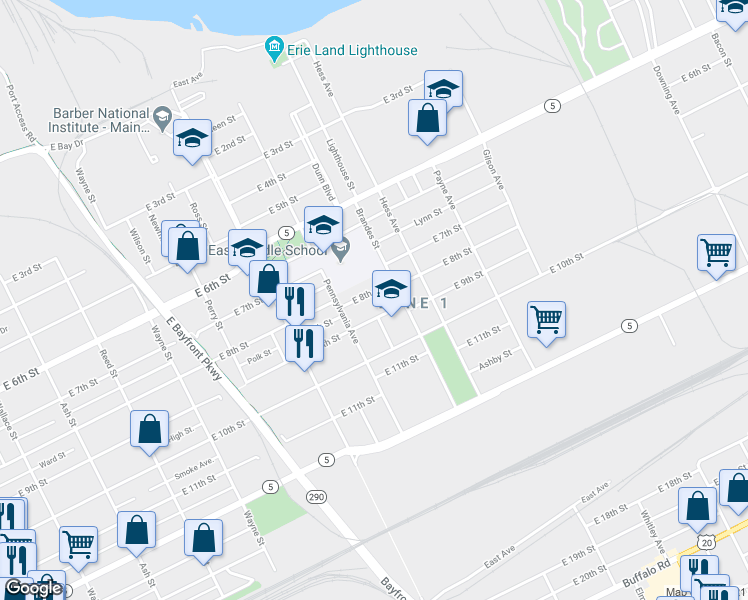 map of restaurants, bars, coffee shops, grocery stores, and more near 1133 E 8th St in Erie