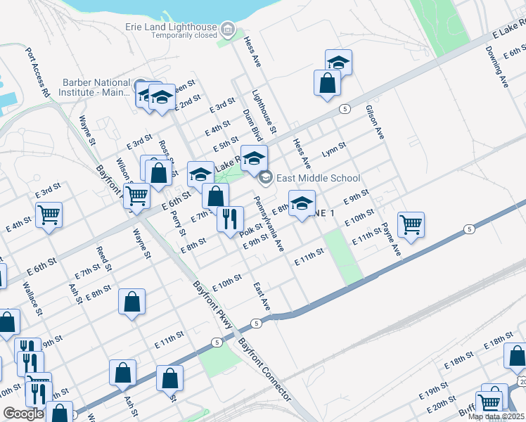 map of restaurants, bars, coffee shops, grocery stores, and more near 727 Pennsylvania Avenue in Erie