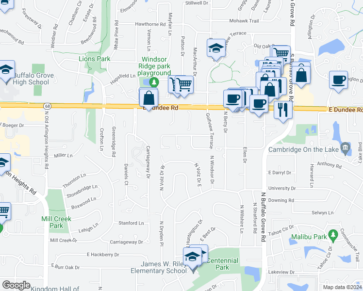 map of restaurants, bars, coffee shops, grocery stores, and more near 1015 Brentwood Circle in Buffalo Grove