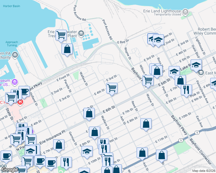 map of restaurants, bars, coffee shops, grocery stores, and more near 612 East 4th Street in Erie