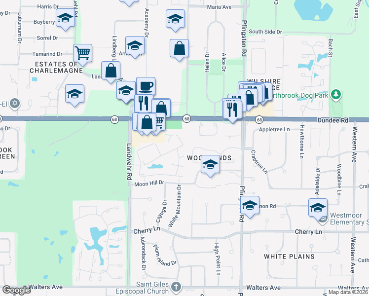 map of restaurants, bars, coffee shops, grocery stores, and more near 3084 Antelope Springs Road in Northbrook