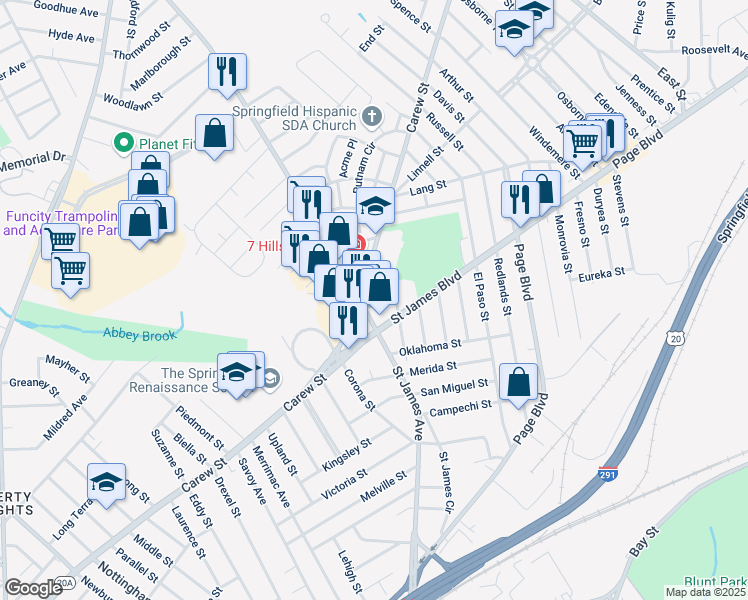 map of restaurants, bars, coffee shops, grocery stores, and more near 14 Detroit Street in Springfield