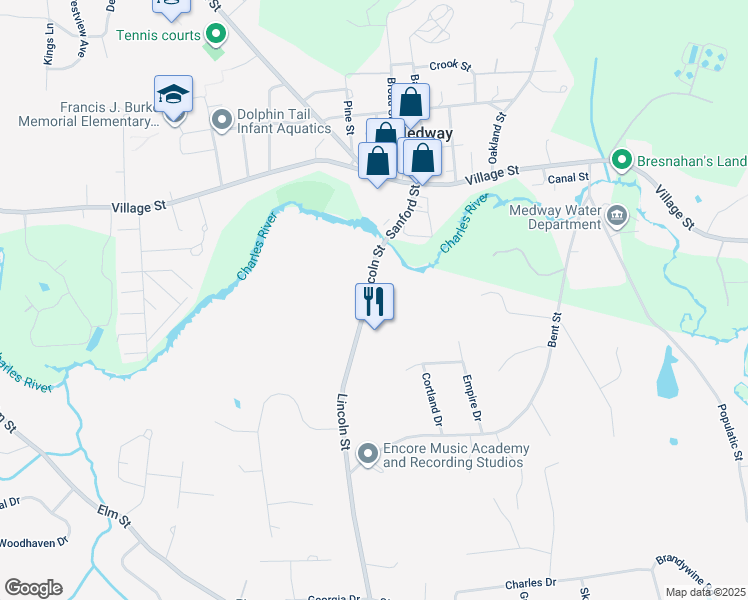 map of restaurants, bars, coffee shops, grocery stores, and more near 895 Lincoln Street in Franklin