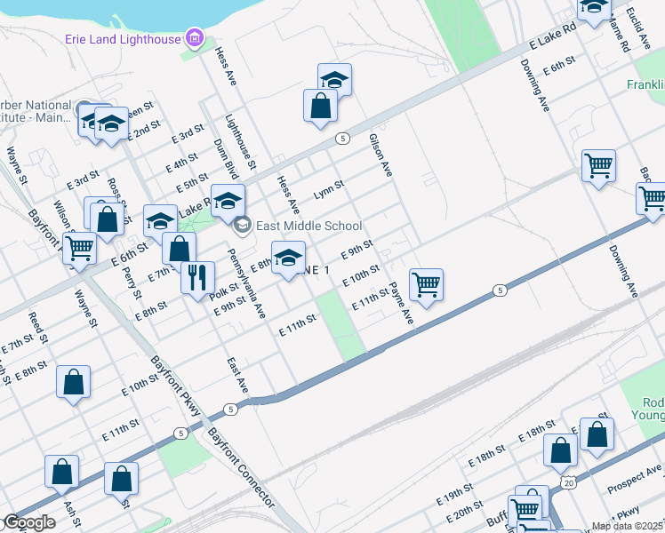 map of restaurants, bars, coffee shops, grocery stores, and more near 1309 East 9th Street in Erie