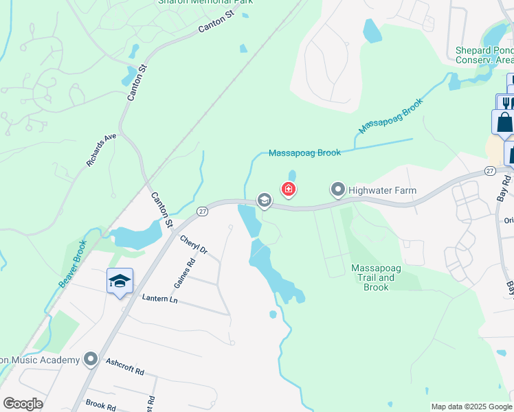 map of restaurants, bars, coffee shops, grocery stores, and more near 287R North Main Street in Sharon
