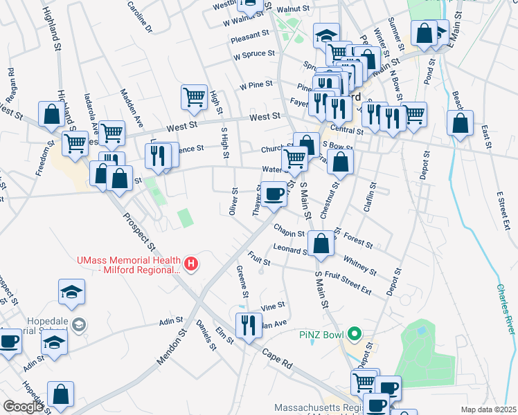 map of restaurants, bars, coffee shops, grocery stores, and more near 15 Thayer Street in Milford