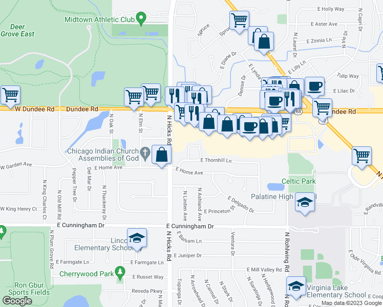 map of restaurants, bars, coffee shops, grocery stores, and more near 1441 North Waterbury Circle in Palatine