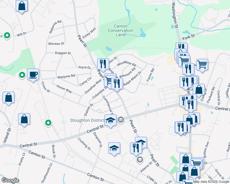 map of restaurants, bars, coffee shops, grocery stores, and more near 440 Pearl Street in Stoughton