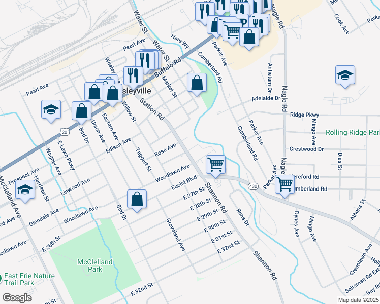 map of restaurants, bars, coffee shops, grocery stores, and more near 2429 Station Road in Erie