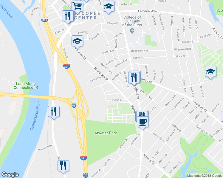 map of restaurants, bars, coffee shops, grocery stores, and more near 16 Brooks Avenue in Chicopee