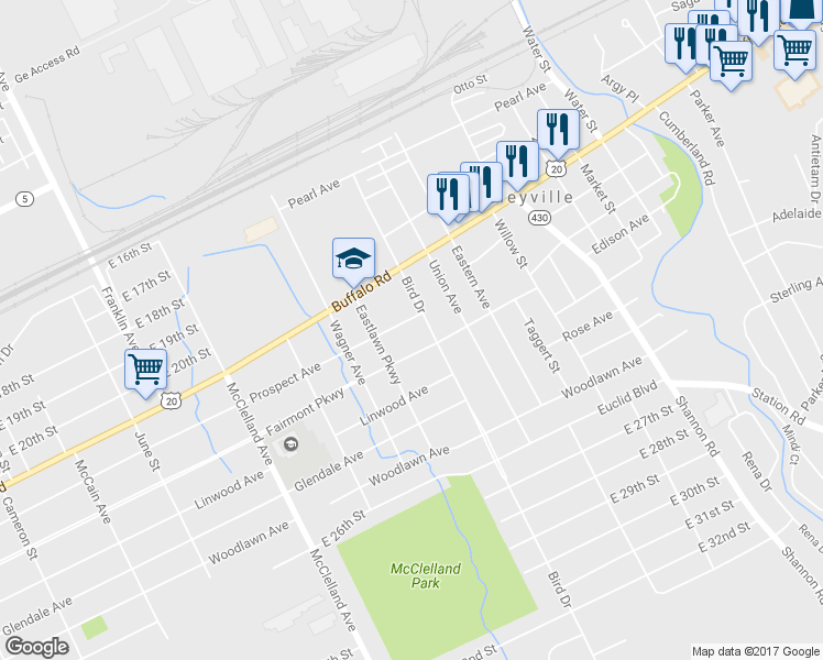map of restaurants, bars, coffee shops, grocery stores, and more near 2633 Prospect Avenue in Erie