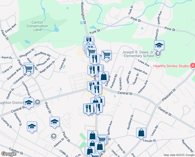 map of restaurants, bars, coffee shops, grocery stores, and more near 354 Washington Street in Stoughton