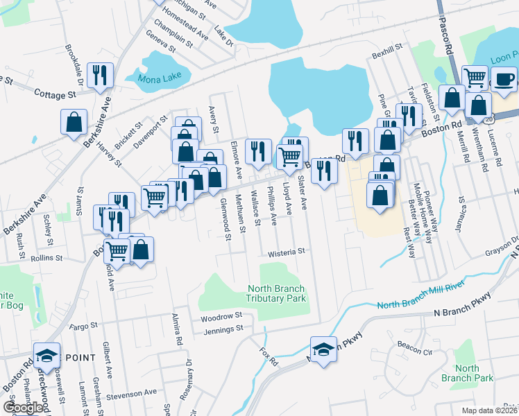 map of restaurants, bars, coffee shops, grocery stores, and more near 45 Wallace Street in Springfield