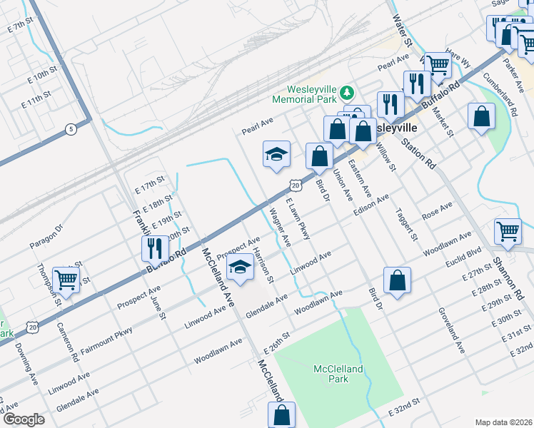 map of restaurants, bars, coffee shops, grocery stores, and more near 2018 Wagner Ave in Erie