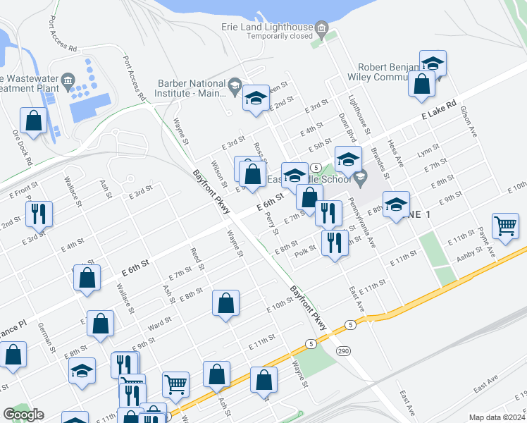 map of restaurants, bars, coffee shops, grocery stores, and more near 855 East 6th Street in Erie