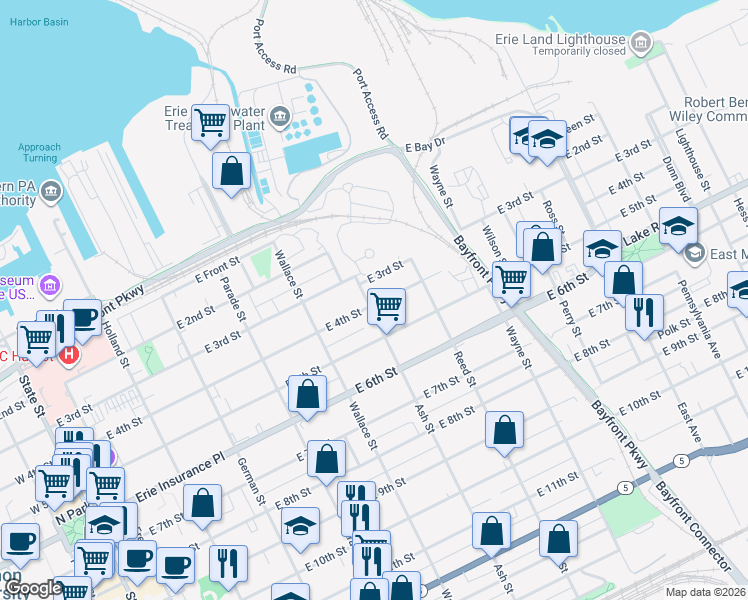 map of restaurants, bars, coffee shops, grocery stores, and more near 612 East 4th Street in Erie