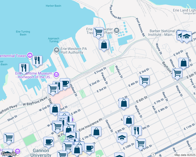 map of restaurants, bars, coffee shops, grocery stores, and more near 340 East 2nd Street in Erie